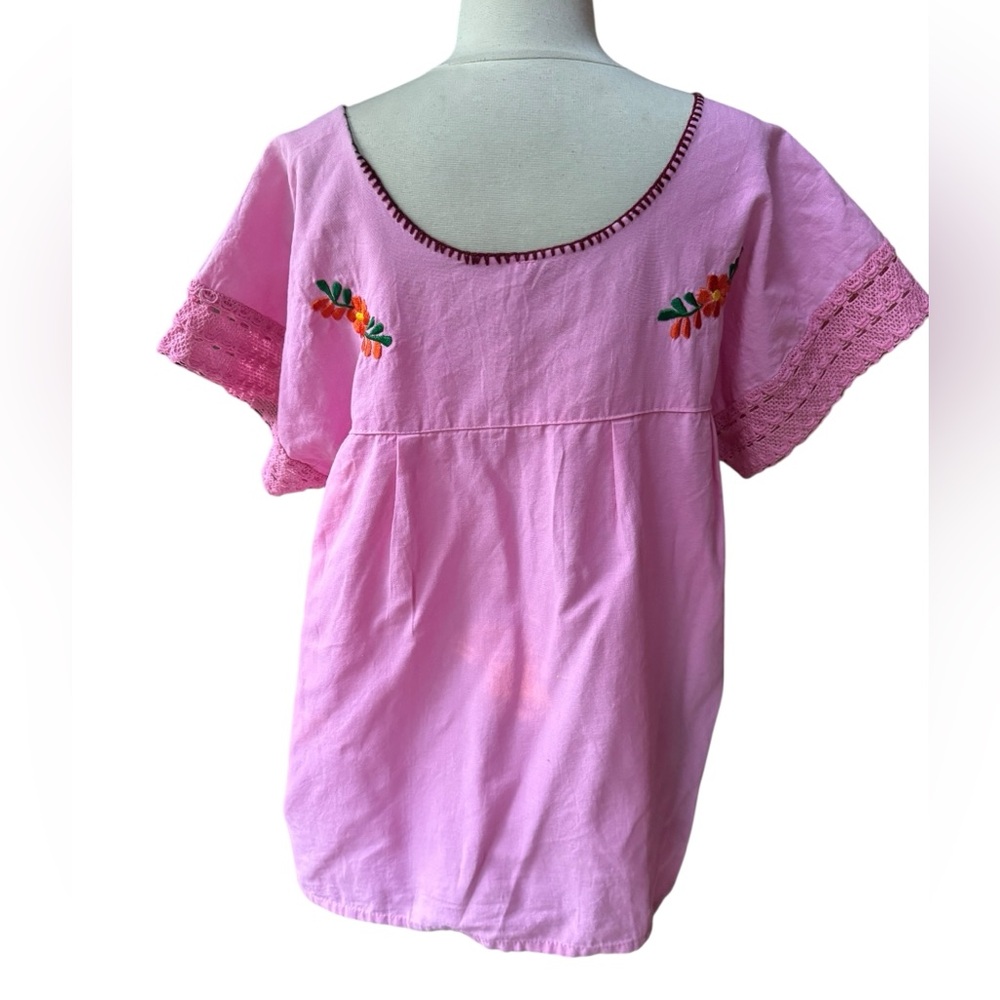 Vintage Mexican Cotton Canvas Crochet Lace Sleeves Embroidered Peasant Top‎ - Picture 8 of 8